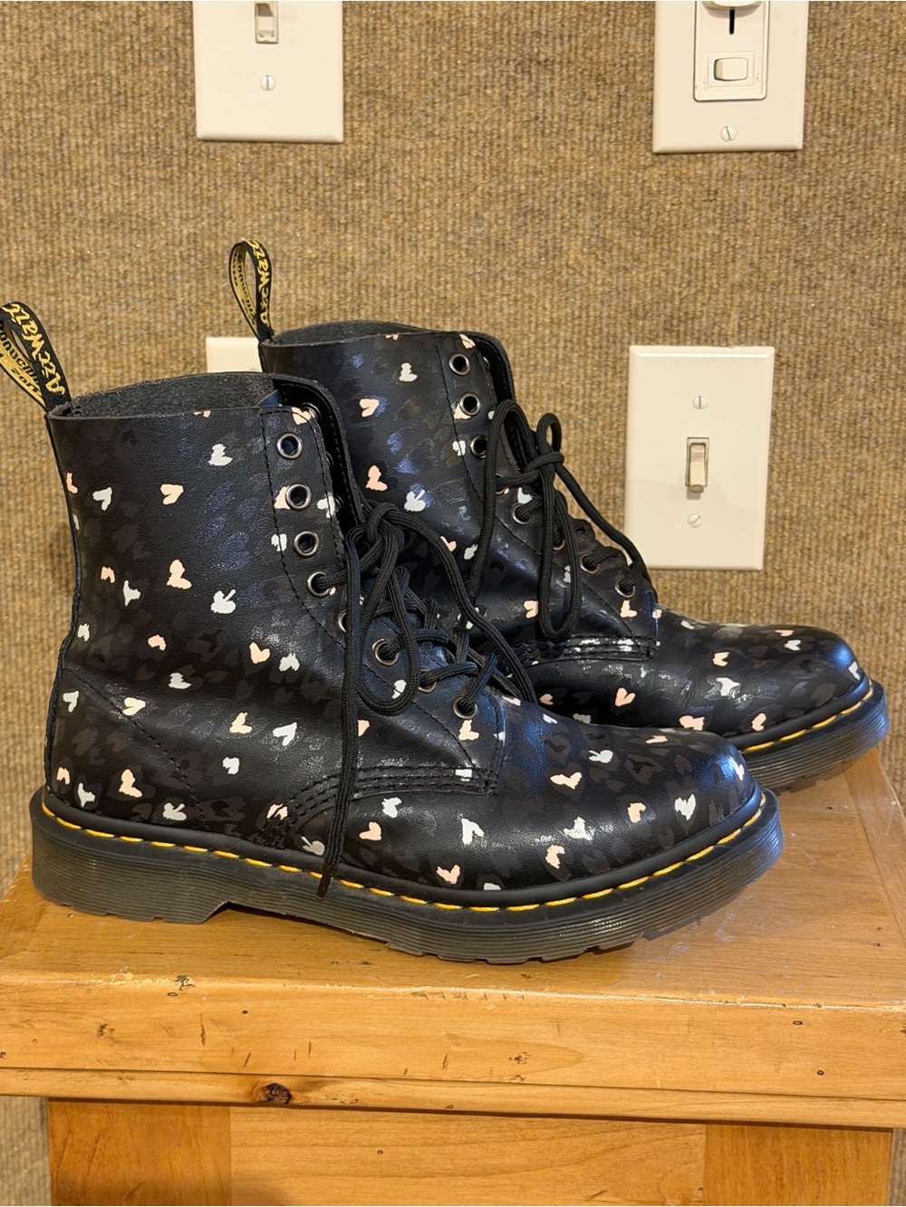 Dr. Martens Black Leather Boots with Pink and White Heart Print